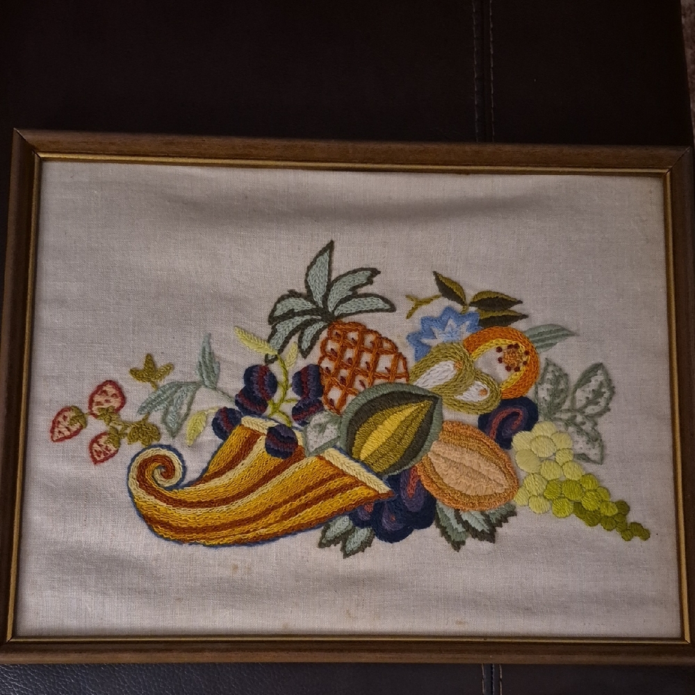 Framed Cornucopia Crewel Embroidery Art 16x12